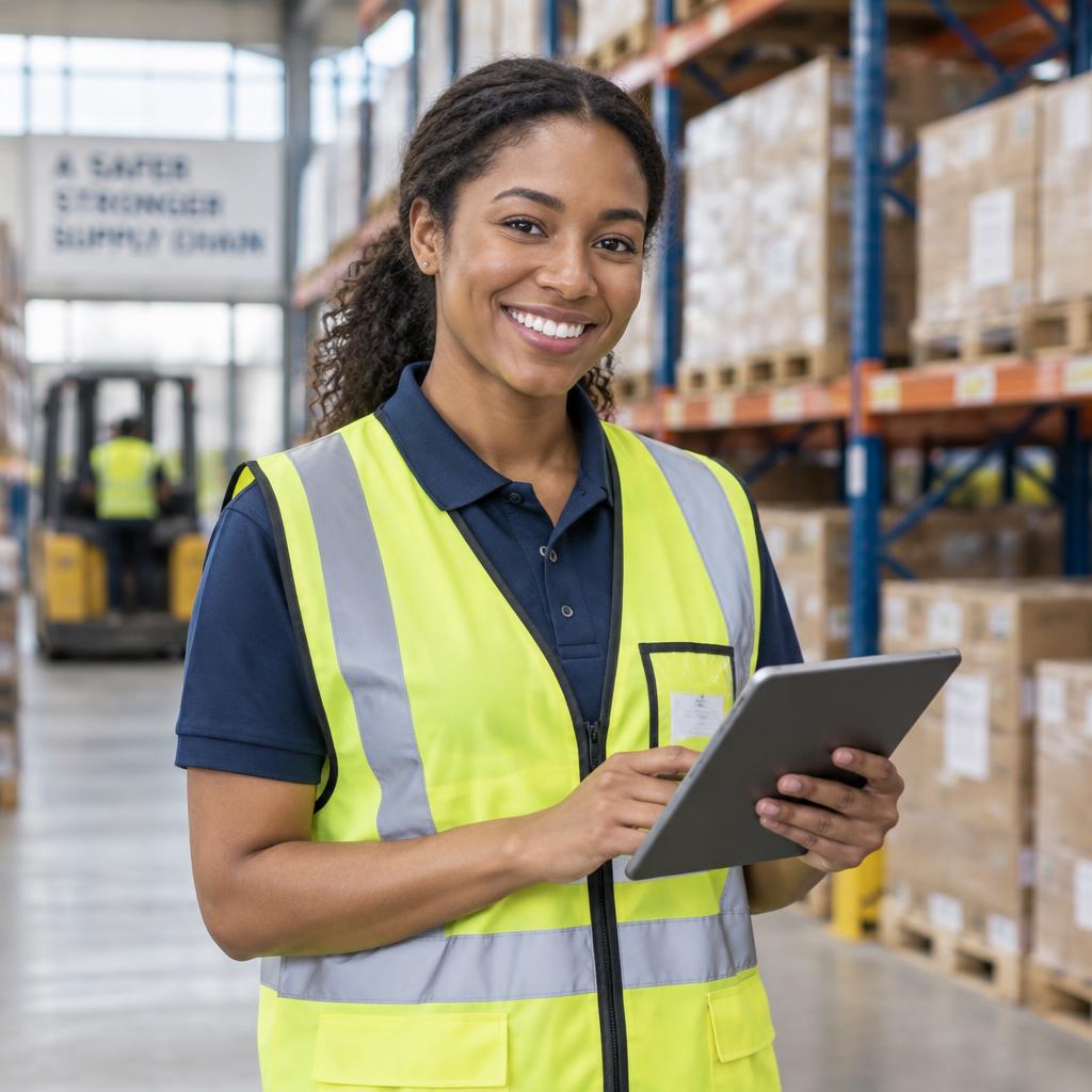 Logistics coordinator checking cargo on a tablet in a warehouse